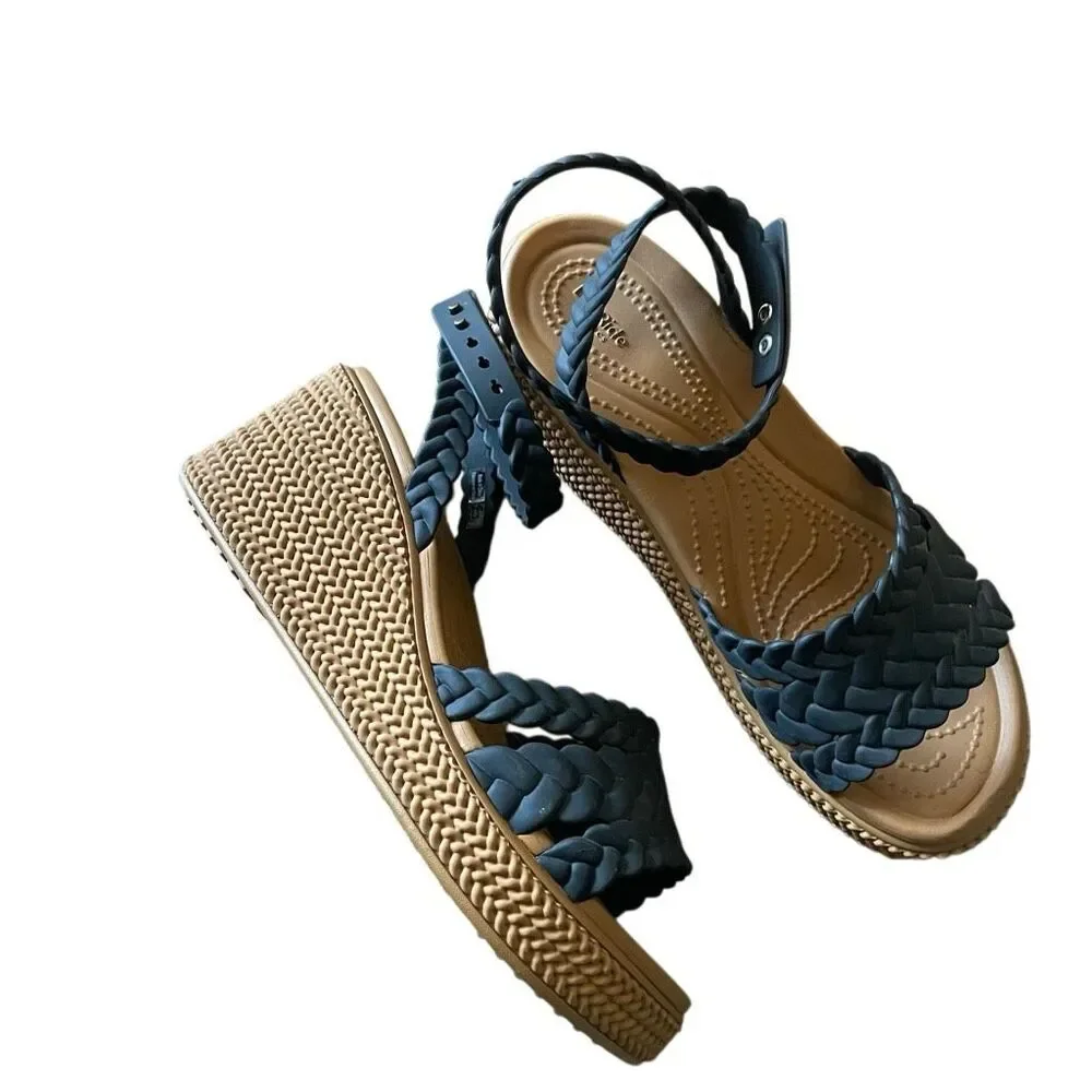 Crocs literide RARE wedge strappy ankle woven braided black tan boho festival co - Picture 4 of 5